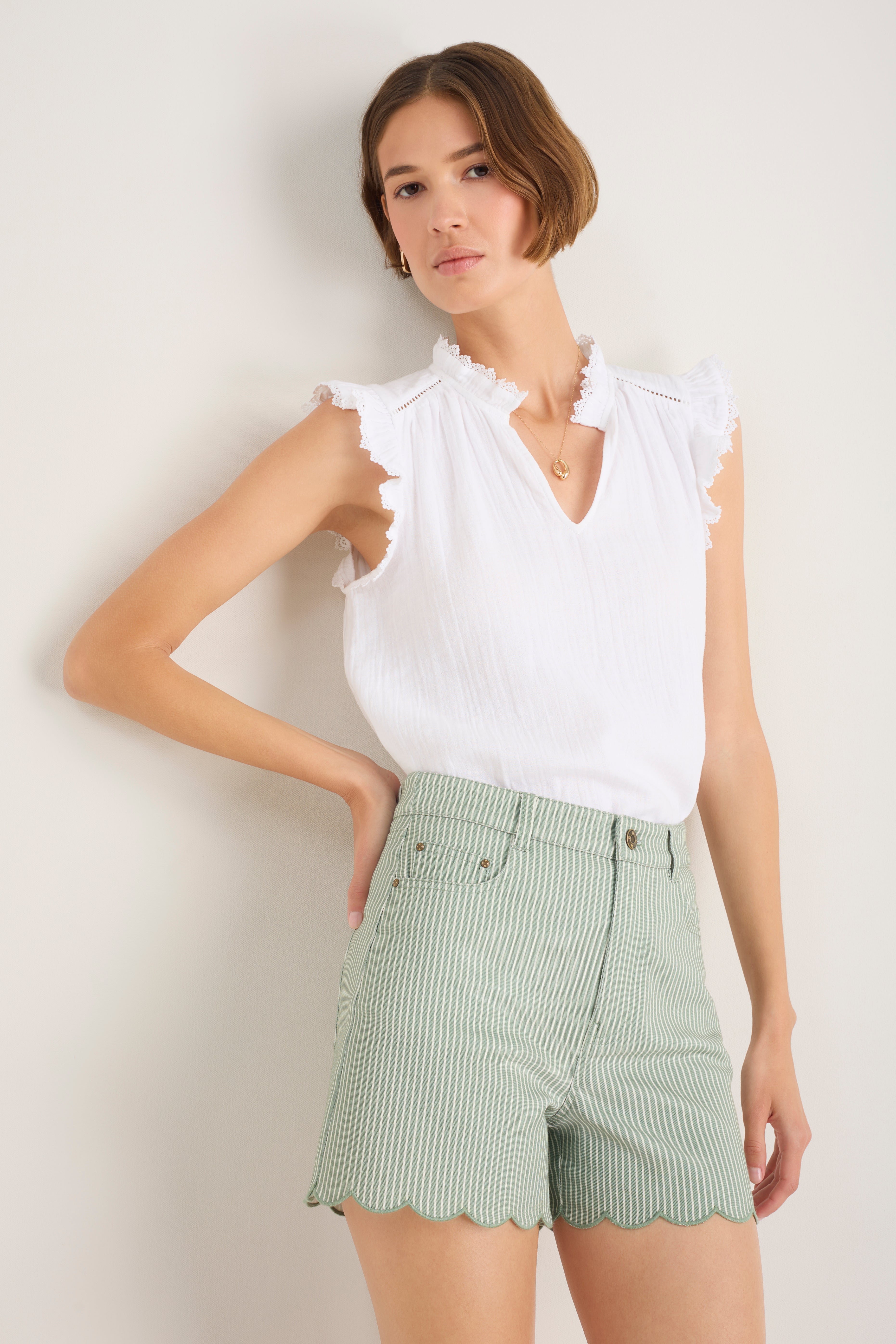 Ruby Scallop Short - Sage Green/Ivory Stripe