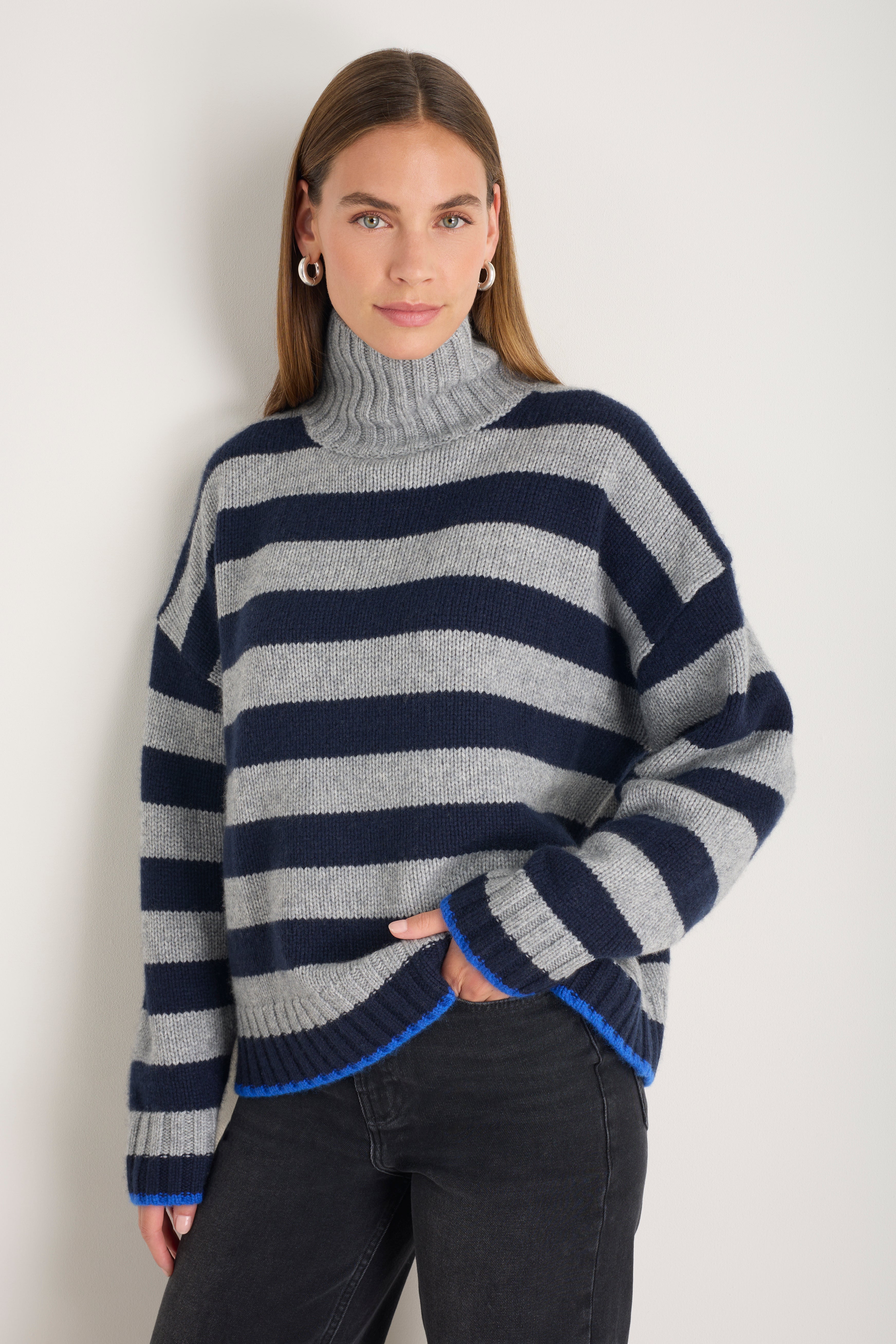 Liana Chunky Funnel Neck Jumper - Midnight/Grey Stripe