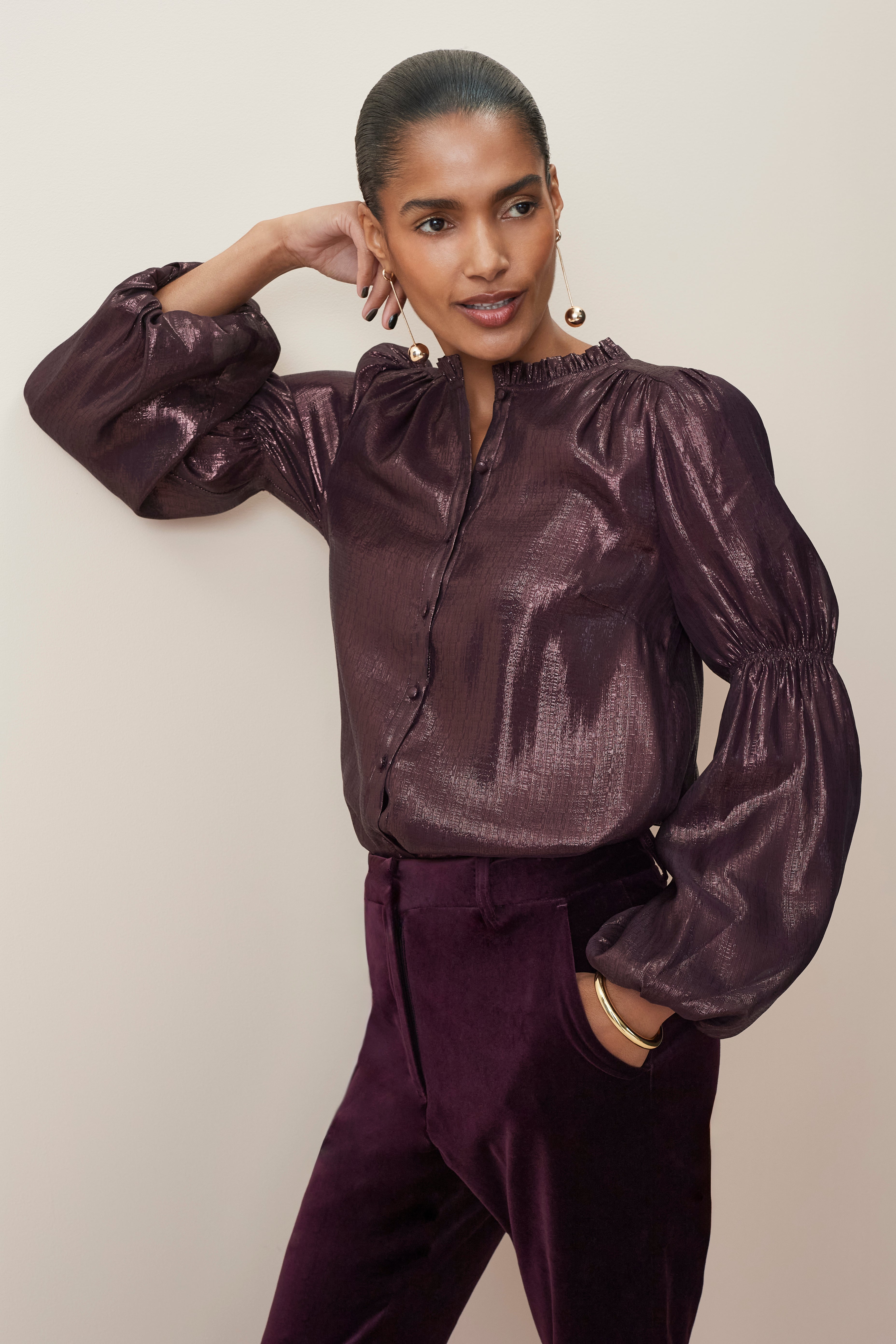 Melly Lame Blouse - Deep Fig